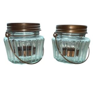 Set of 2 Ribbed Glass Lantern Candle Holders – Bronze Lids, 4” Tall